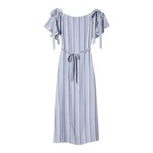 Banana Republic Off Shoulder Maxi Dress Blue Stripe Flutter Sleeve Slit Size M